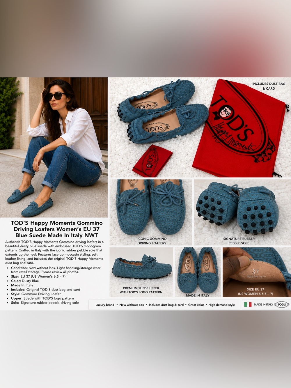 Tod's Happy Moments Gommino Driving Loafers Blue Suede Logo Print Size 37